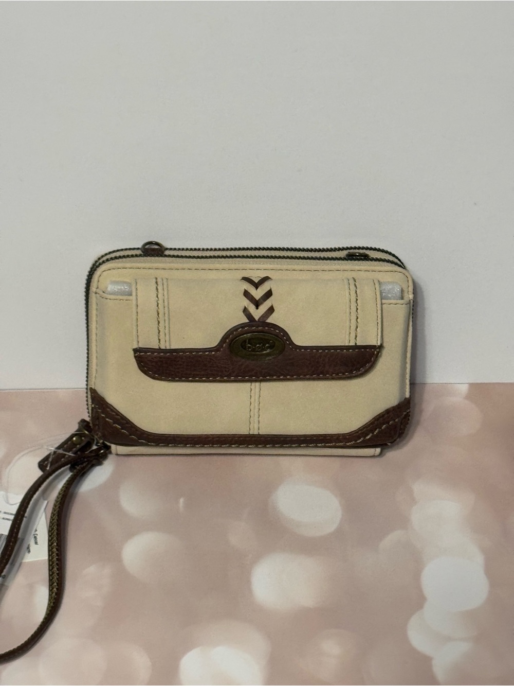 Canvas and Leather Wristlet Clutch in Cream and Brown
